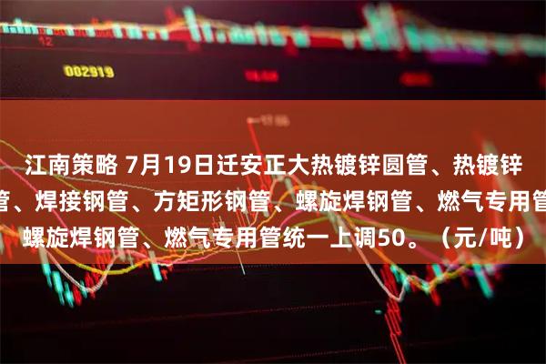 江南策略 7月19日迁安正大热镀锌圆管、热镀锌方矩形钢管、钢塑冷水管、焊接钢管、方矩形钢管、螺旋焊钢管、燃气专用管统一上调50。（元/吨）